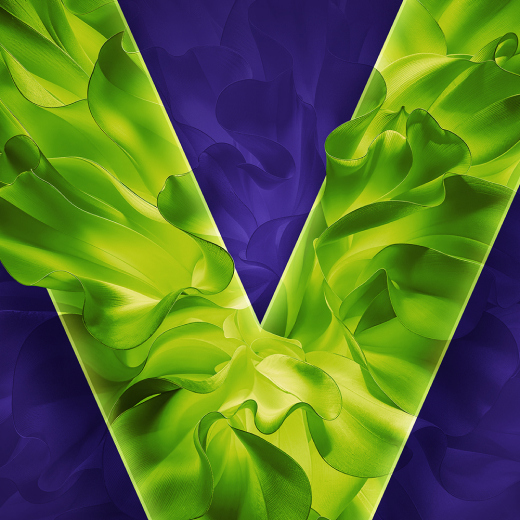 VEEV NOW ULTRA svjetlozeleni V VEEV logotip na ljubičastoj pozadini.